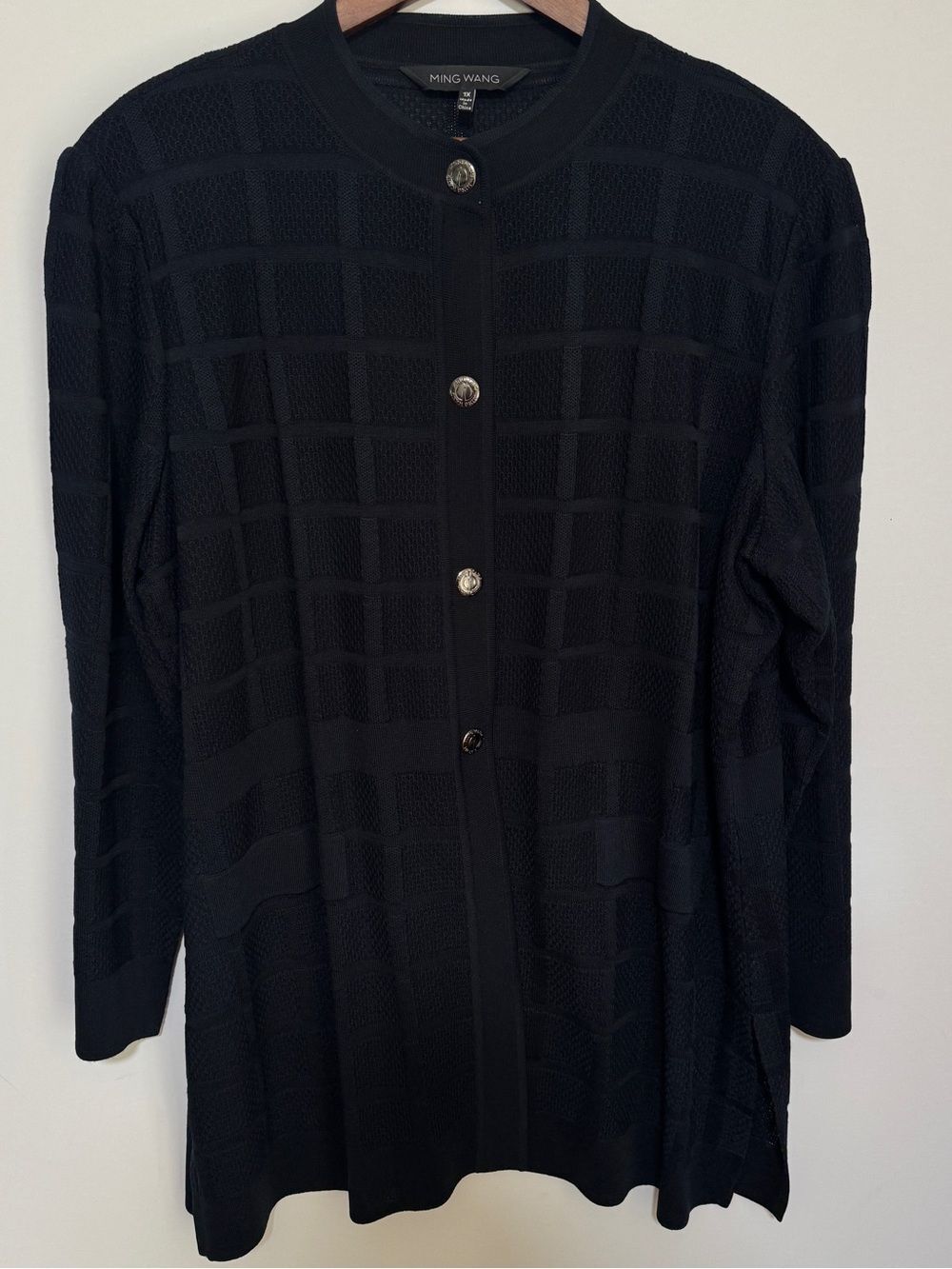 Ming Wang 1X Black Textured Grid Knit Cardigan Button Front Long Sleeve